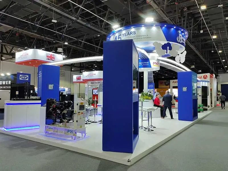 Exhibition stand in Dubai showcasing products with a 45 years anniversary display at a trade show in 2025, designed by PKO, a trusted exhibition stand contractor in UAE