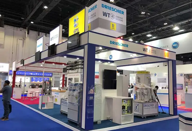 Exhibition stand designed by PKO, an exhibition stand designer in UAE, featuring Driescher and WT Energie Systeme branding at a trade show.