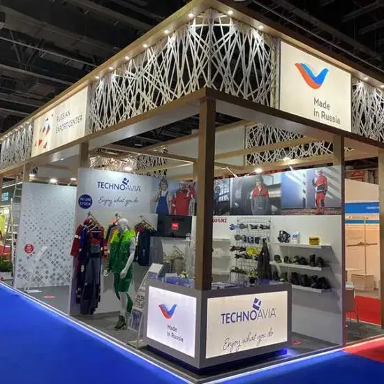 An exhibition stand showcasing Russian-made workwear and equipment at a trade show in Dubai