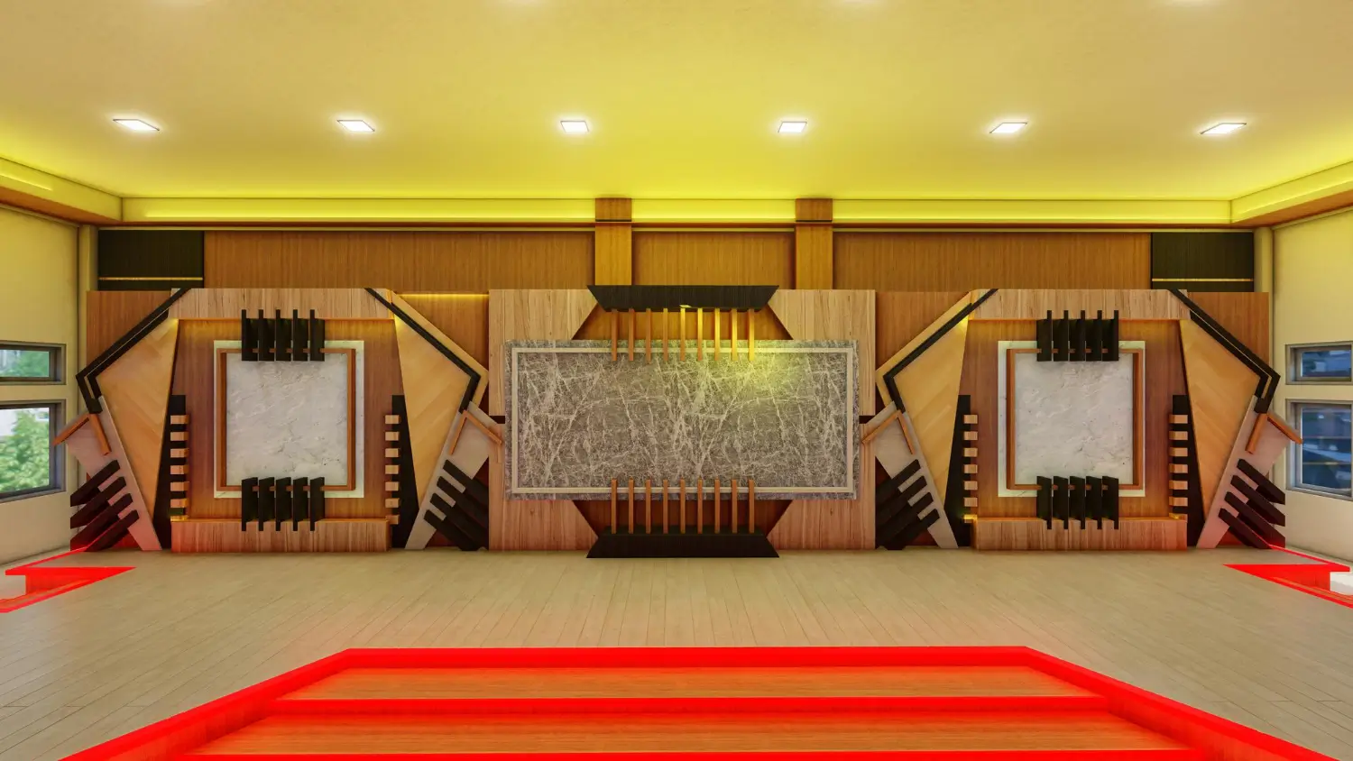 Modern indoor stage design with geometric wood paneling, marble textures, and ambient yellow and red LED lighting