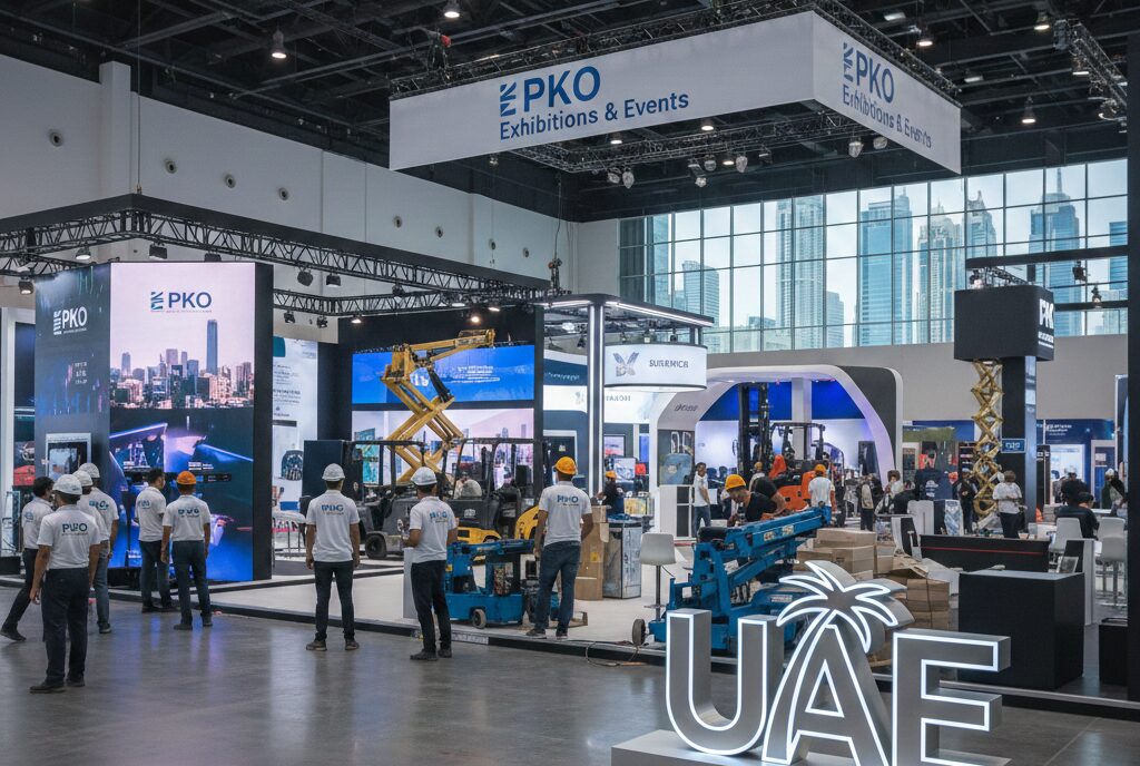 PKO Exhibitions & Events team performing design, build, and installation as a leading events contractor in UAE for a major trade show.