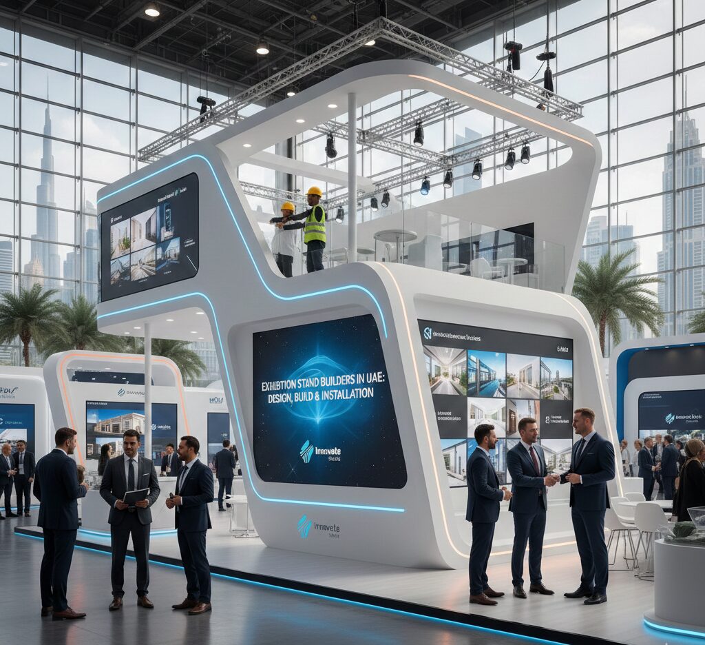 Modern two-story booth created by Exhibition Stand Builders in UAE for trade show design and installation