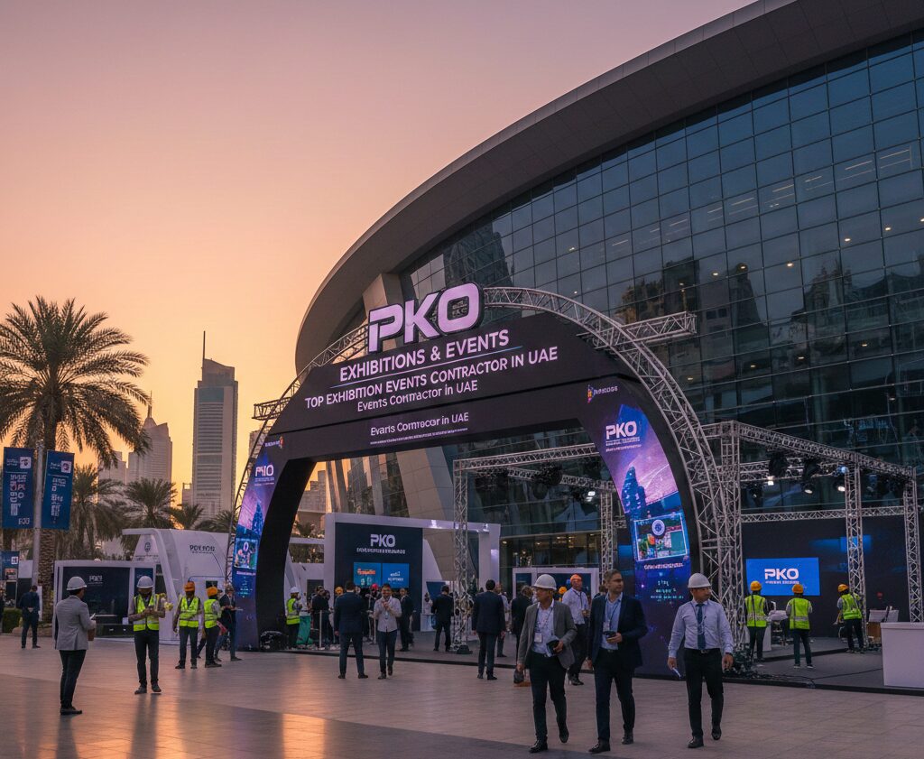 PKO Exhibitions & Events top exhibition events contractor in UAE showcasing a professional event setup outside a modern venue