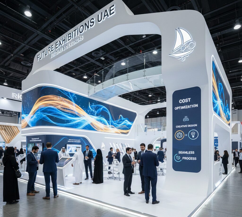 Large custom booth by Exhibition Stand Builders in UAE showcasing cost optimization and creative design solutions