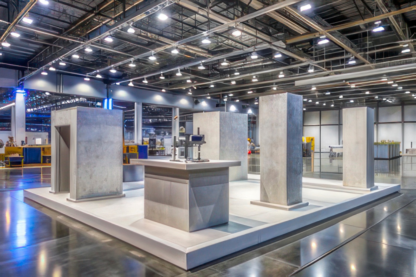 Modern custom trade show booth designed by Exhibition Stand Companies in Dubai with display counters and structured pillars