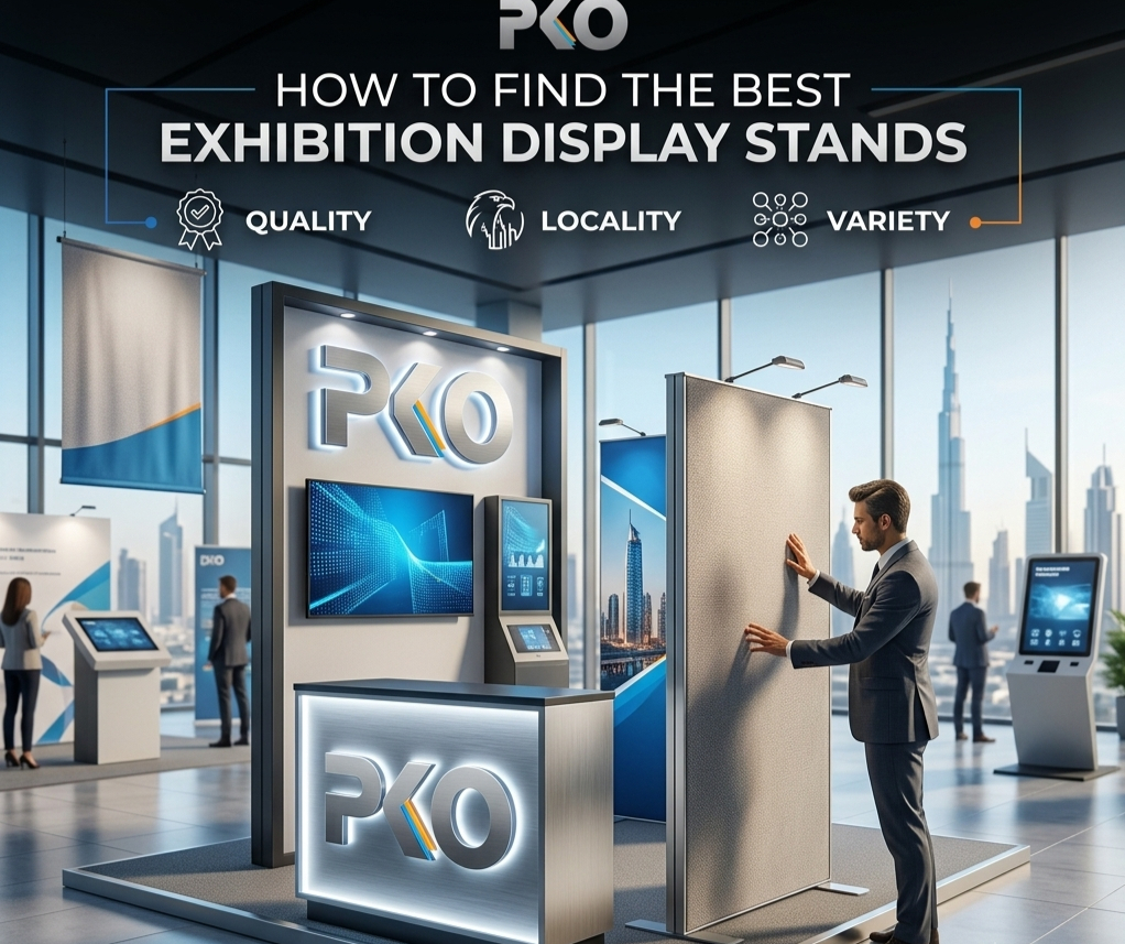 Best exhibition display stands in UAE – custom modular booth with LED screens and branding by PKO