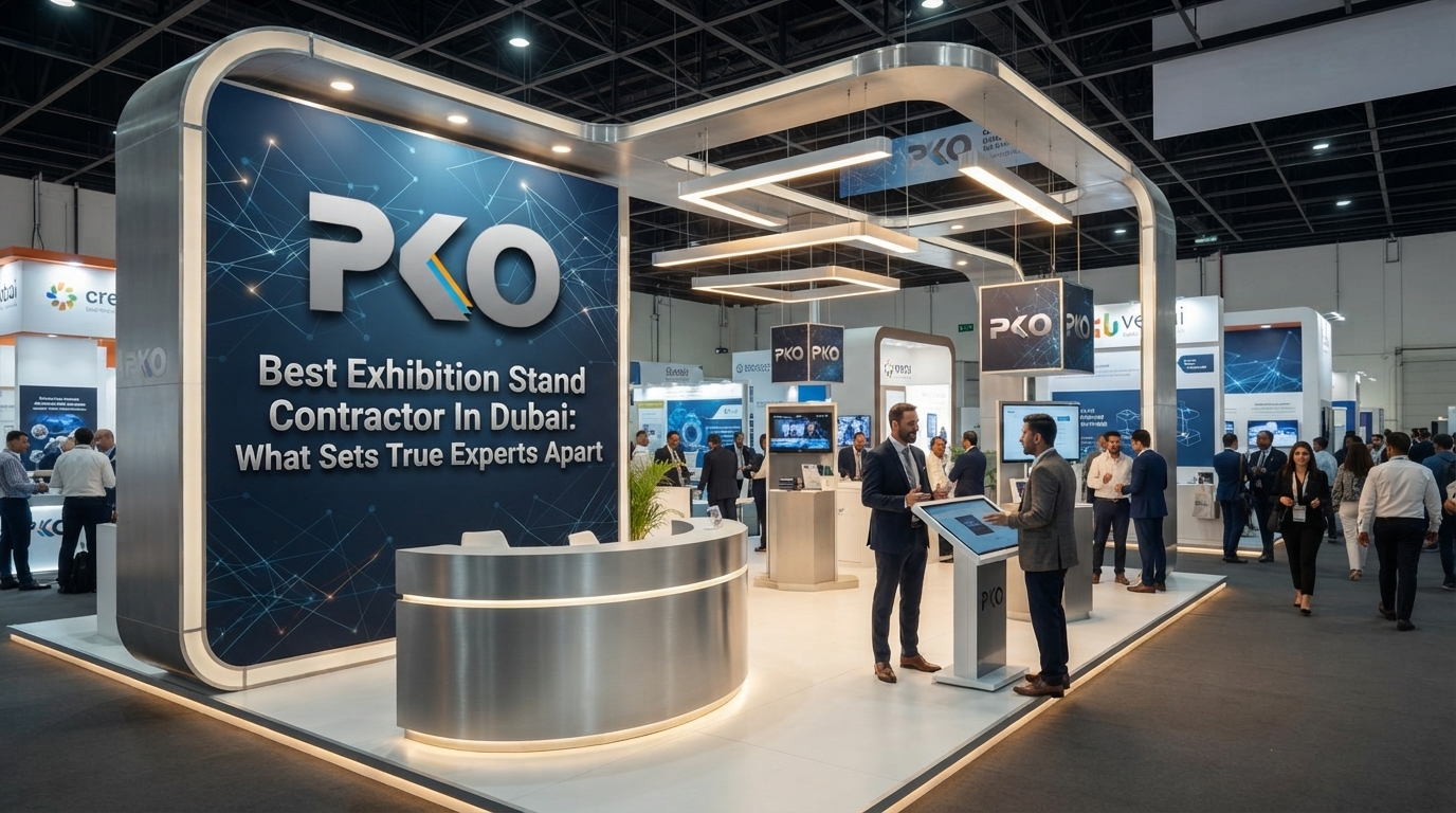 Best Exhibition Stand Contractor In Dubai booth featuring PKO branding, illuminated archway lighting, and professionals networking at a trade show