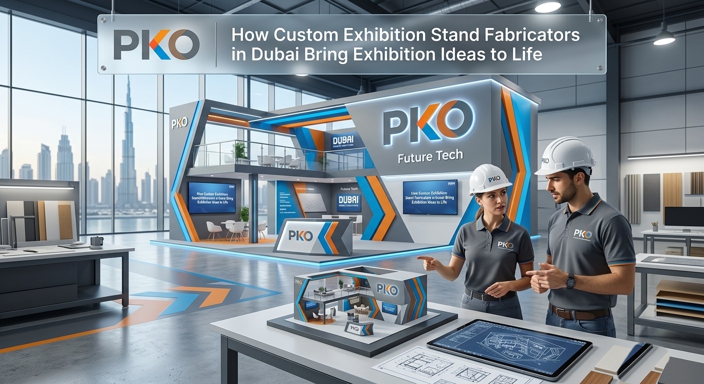 Custom exhibition stand fabricators in Dubai team reviewing a scale model and blueprint beside a two-level PKO booth prototype