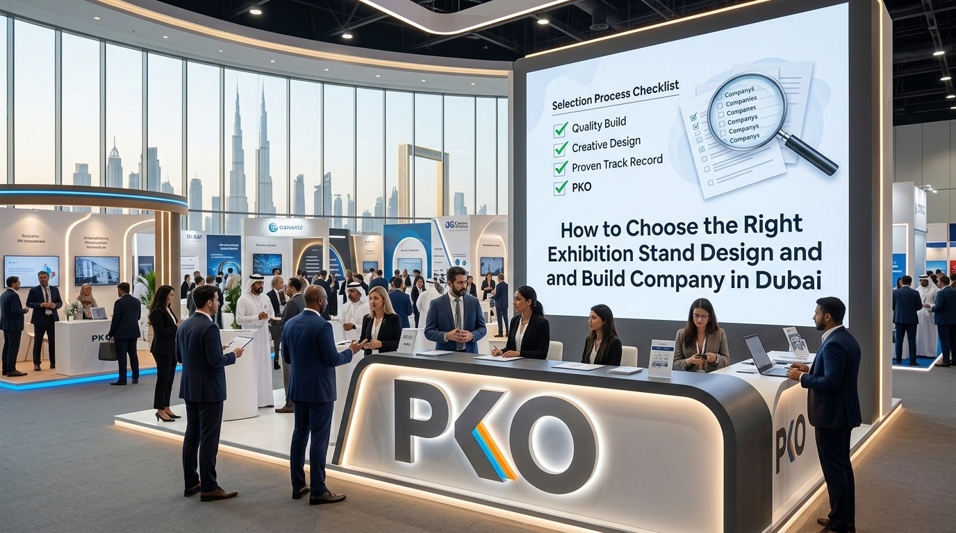Exhibition Stand Design and Build Company in Dubai booth with PKO team consulting visitors beside a selection checklist screen