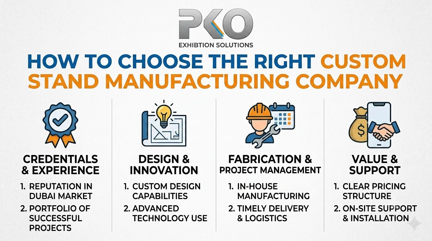 Infographic by Exhibition Stand Manufacturers Dubai showing four key criteria for selecting a custom stand manufacturing company