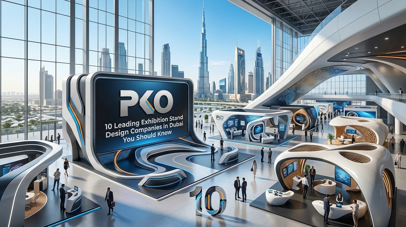 Exhibition stand design companies in Dubai futuristic showcase with curved white and blue booths and Burj Khalifa skyline