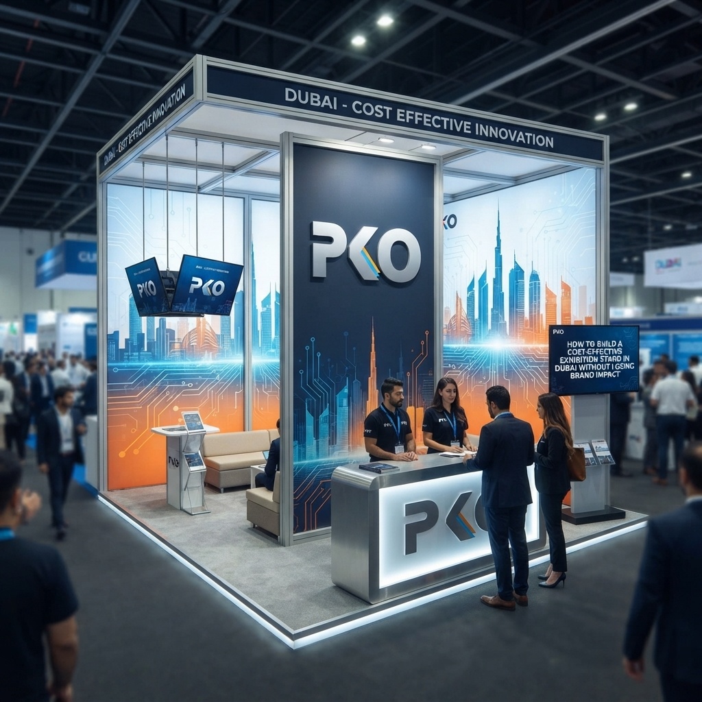 Affordable exhibition stand contractors Dubai booth featuring PKO branding, digital screens, and Dubai skyline graphics with staff assisting visitors