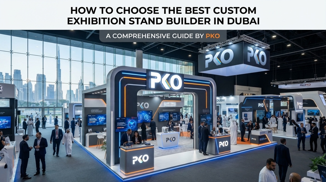 Custom exhibition stand builder in Dubai showcasing a modern illuminated PKO booth with visitors at a trade show venue