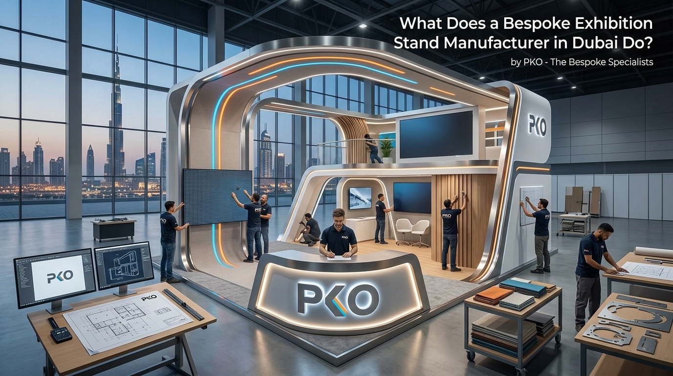 Bespoke Exhibition Stand Manufacturer Dubai team assembling a two-level PKO booth with design workstations and material samples