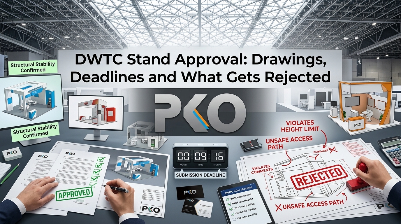 DWTC stand approval process infographic showing approved and rejected exhibition stand drawings with checklist and submission deadline