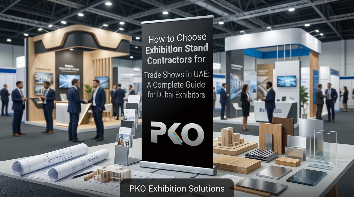 Exhibition Stand Contractors for Trade Shows in UAE roll-up banner with material samples, blueprints, and PKO booths in background