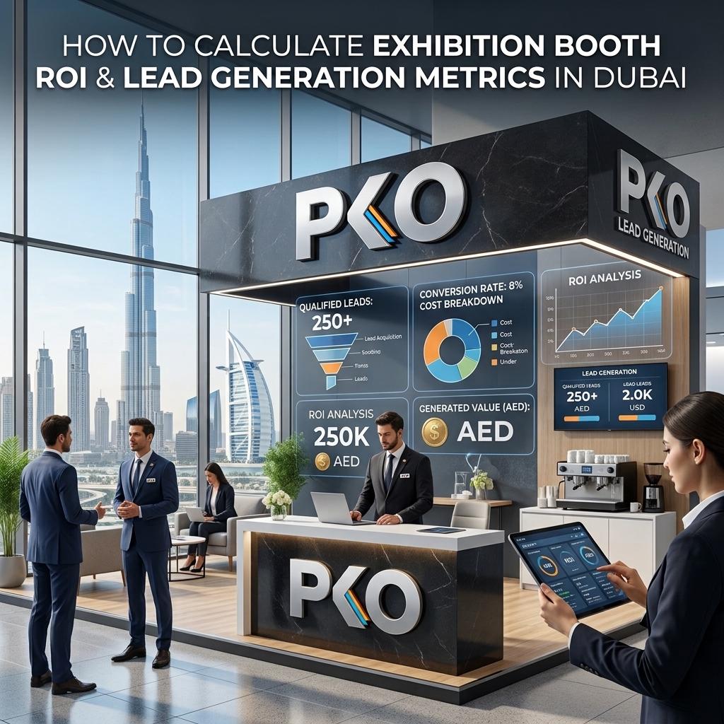 Exhibition booth ROI calculator dashboard on a PKO booth screen showing qualified leads, conversion rate, and ROI analysis charts