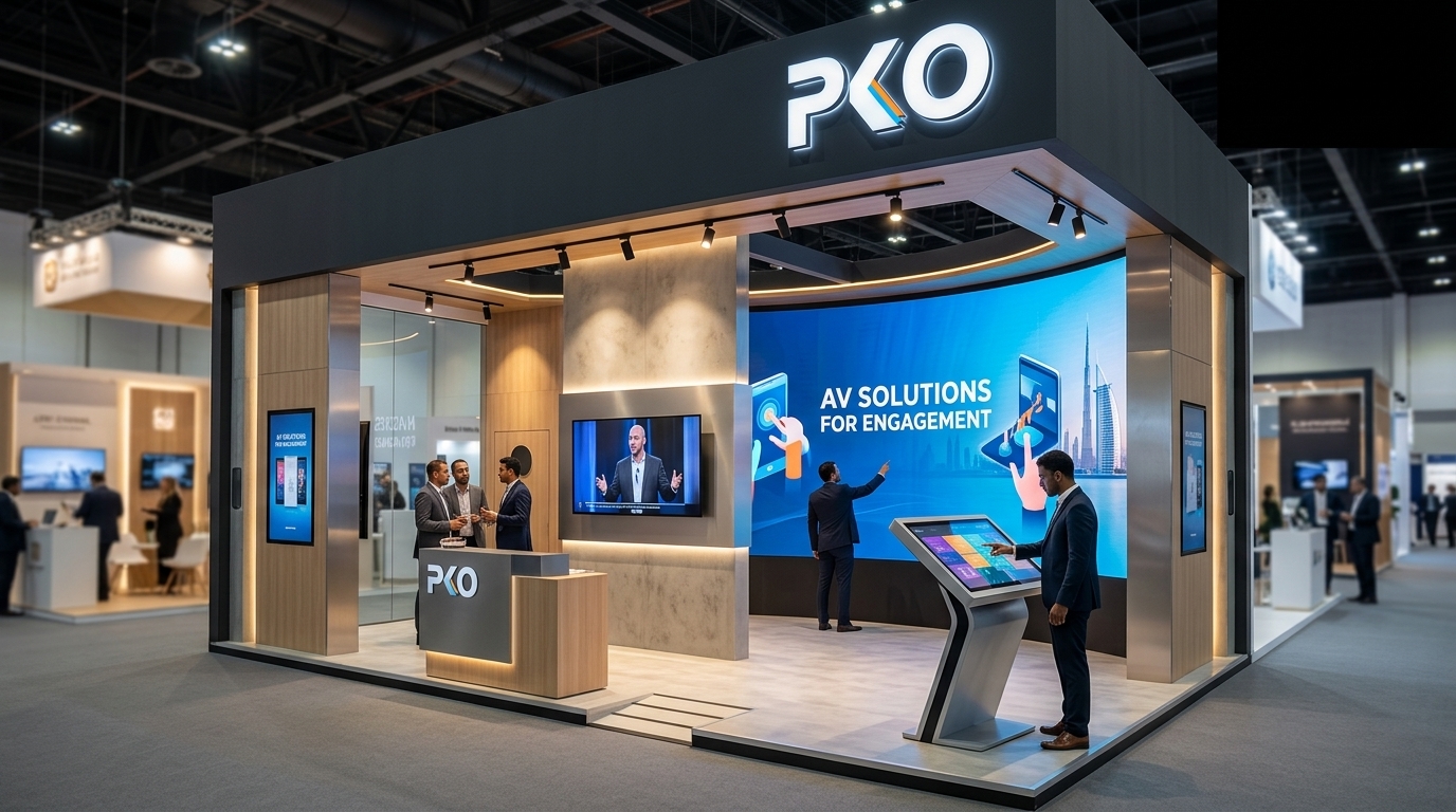 Exhibition stand AV integration Dubai booth by PKO with large LED video wall, touchscreen kiosk, and visitors engaging with displays