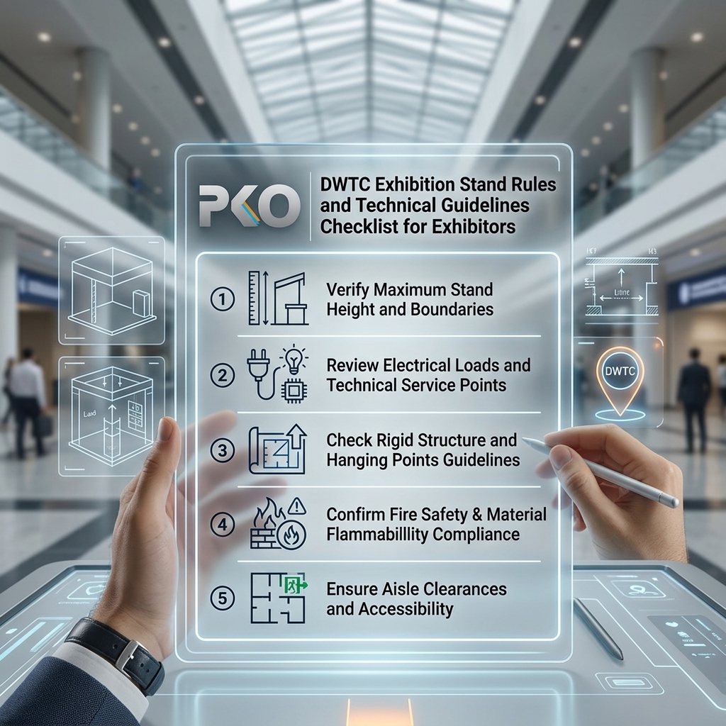 DWTC exhibition stand rules checklist on a transparent digital panel showing five compliance points with a hand holding a stylus
