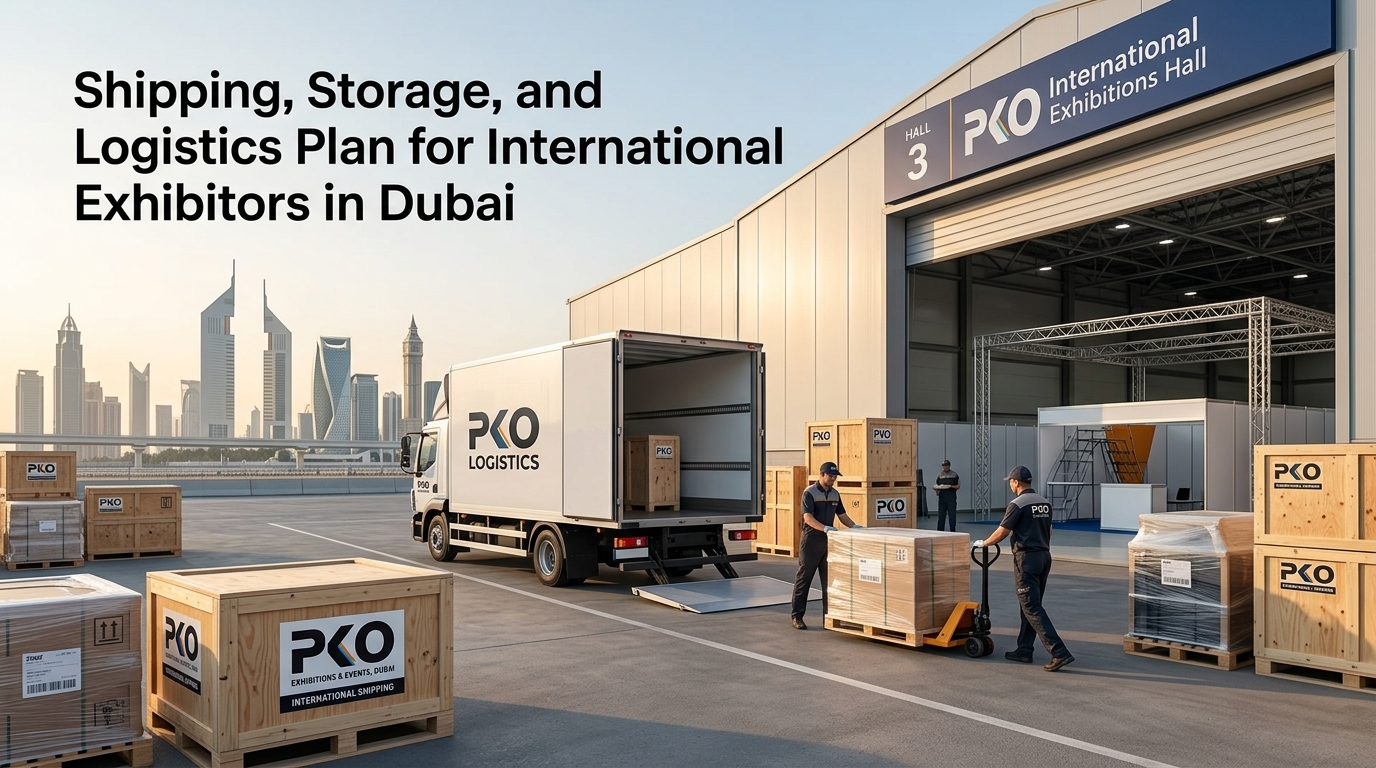 Exhibition logistics Dubai team unloading PKO branded crates from a truck outside an international exhibitions hall