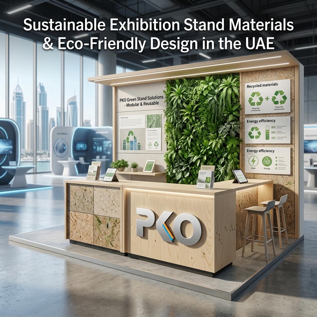 Sustainable exhibition stands UAE booth by PKO featuring a living green wall, recycled wood materials, and eco-friendly panels