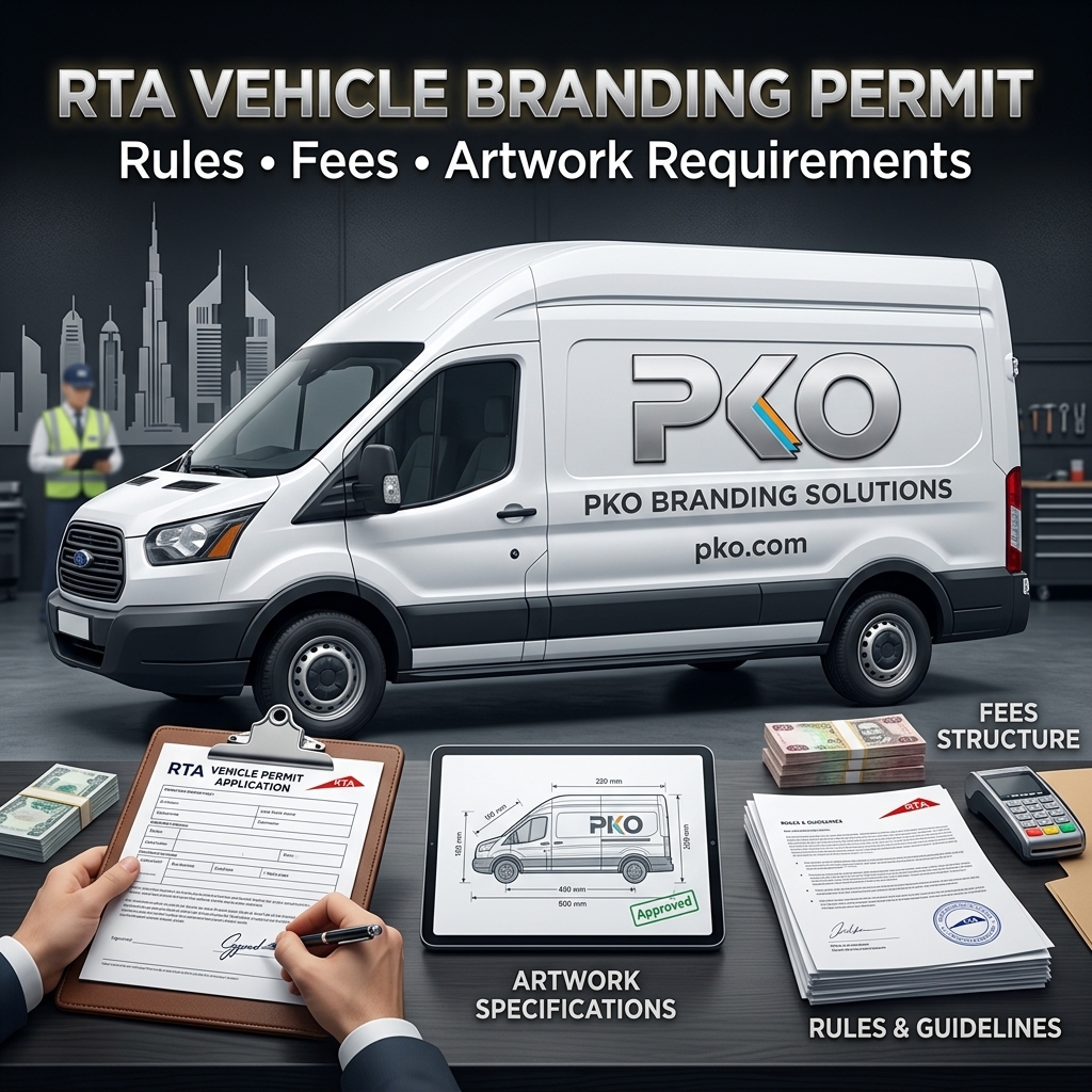 RTA vehicle branding permit infographic showing a branded PKO van with permit application, artwork specifications, and fees