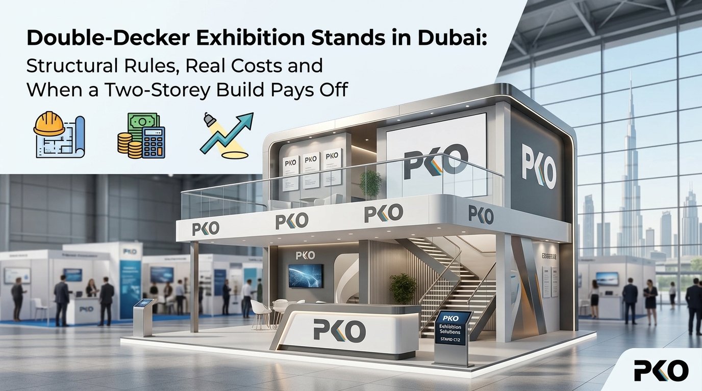 Double decker exhibition stand Dubai with glass railing upper level, staircase, and PKO branding at a trade show hall