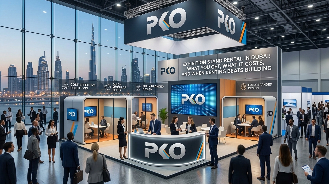 Exhibition stand rental Dubai booth featuring PKO modular meeting pods, digital displays, and reception counter with visitors