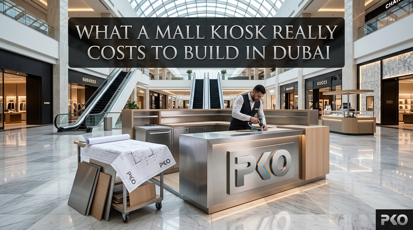 Mall kiosk cost Dubai illustration showing a PKO-branded stainless steel and wood kiosk being installed inside a luxury shopping mall