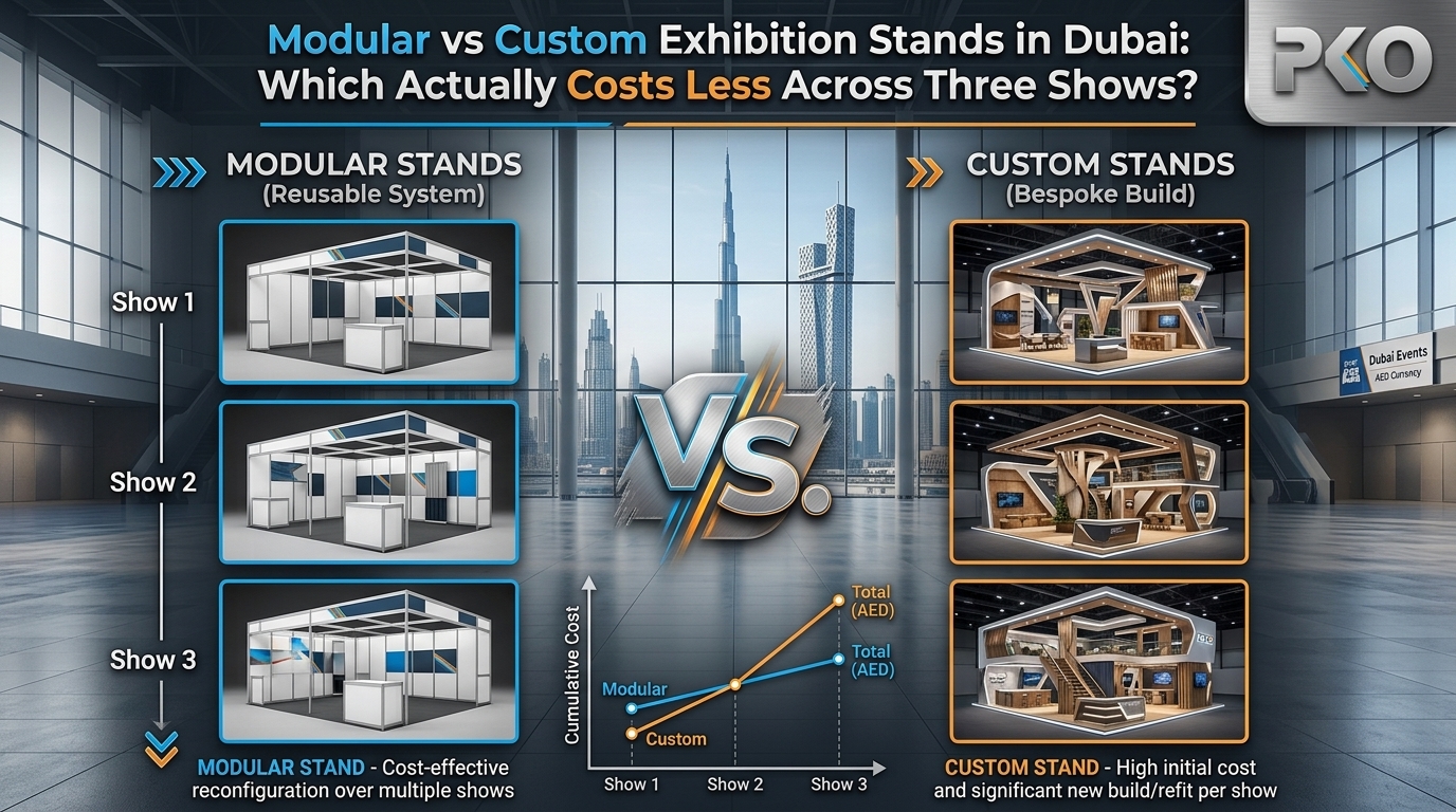 Modular exhibition stands Dubai comparison chart showing reusable stand designs versus custom builds across three trade shows