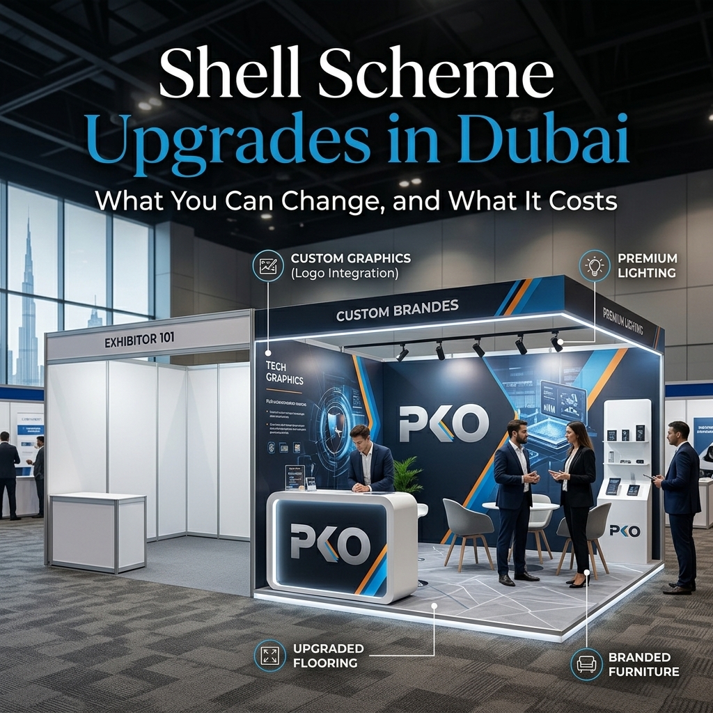 Shell scheme upgrade Dubai comparison showing a plain booth beside an upgraded PKO booth with custom graphics, lighting, and flooring