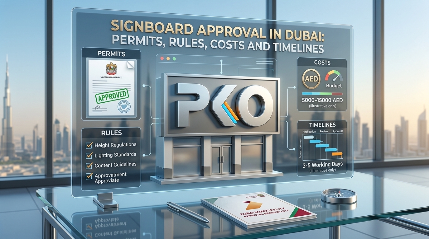 Signboard approval in Dubai infographic showing PKO storefront sign with permits, rules, costs, and approval timelines panel